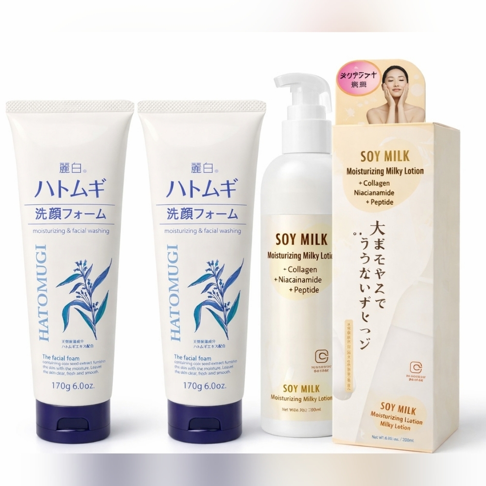 K-Beauty / J-Beauty Skincare Set– Hatomugi Cleanser x2  Soy Milk Collagen Lotion